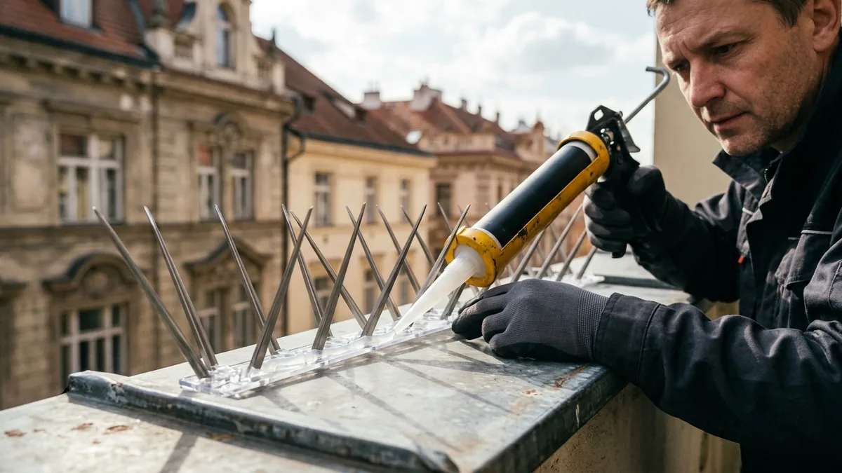 Montáž nerezových hrotů W3 na titanzinkový parapet v Praze