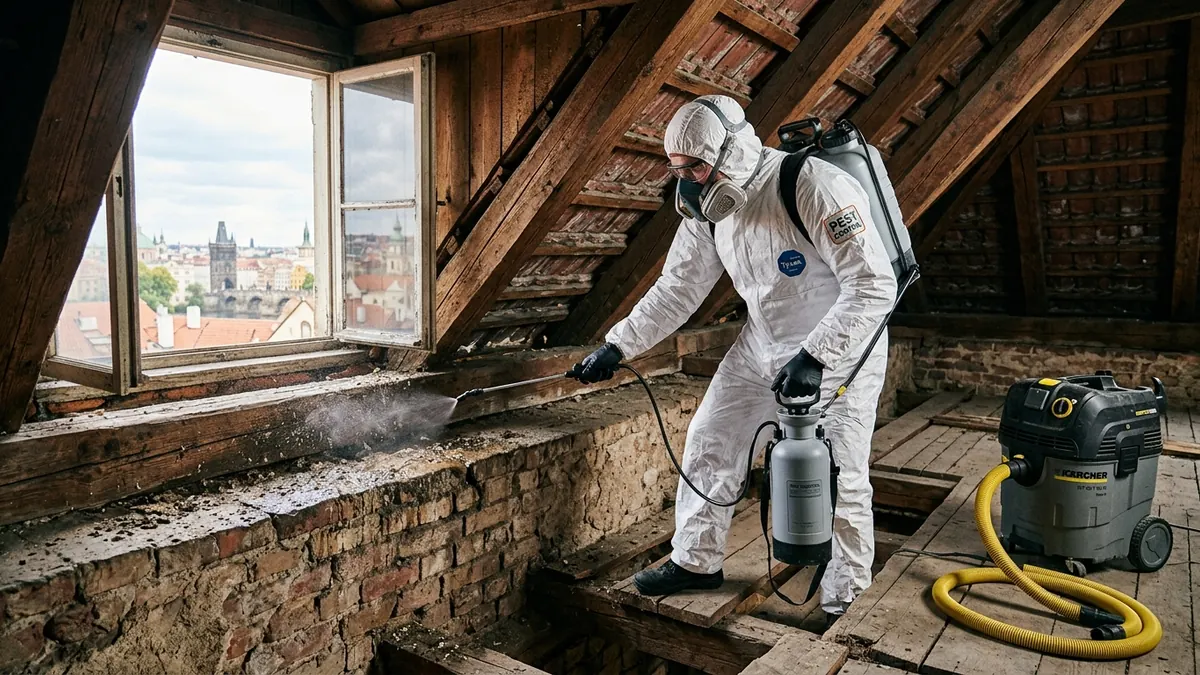 Parapet znečištěný holubím trusem a peřím před sanací v Praze